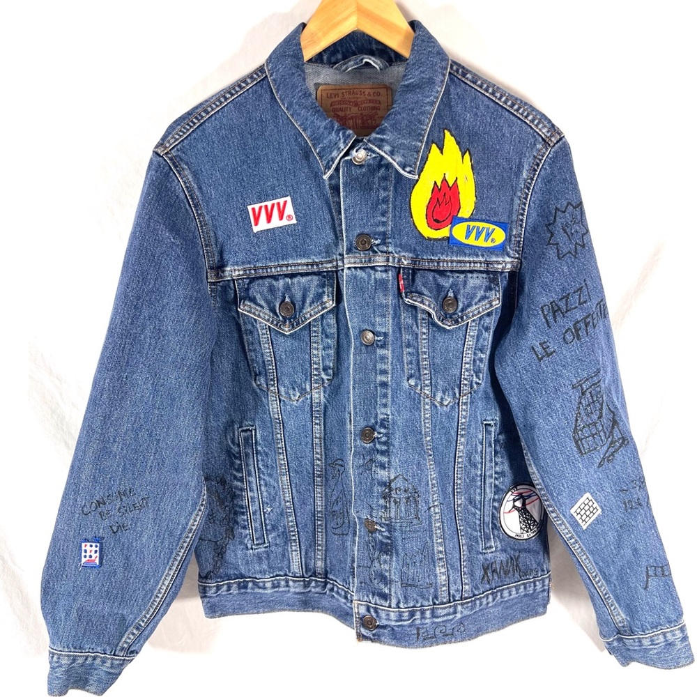 LEVI Strauss & Co Blue Denim & Abstract Custom Made Men's Biker Jacket "M"